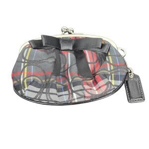 Coach Kisslock Coin Purse Womens Small Black Red Tartan Plaid Bow Signature C